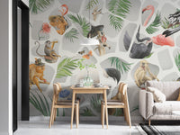 Gray-toned monkey and bird wall mural for dining room interior.