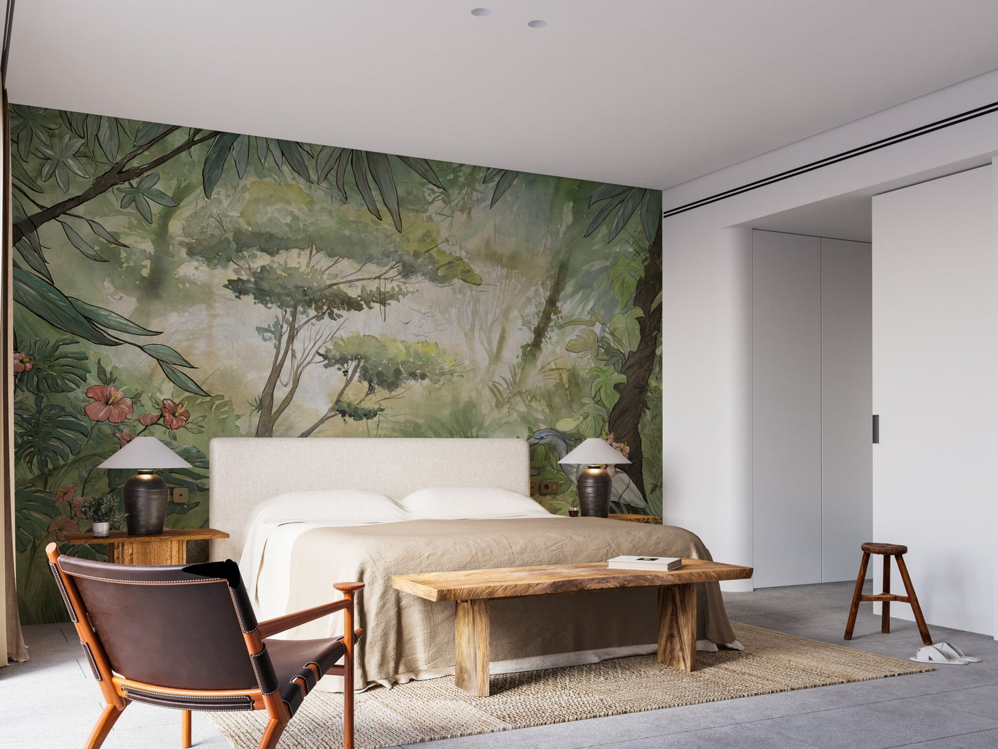 Green Misty Forest Wall mural in minimalist bedroom.