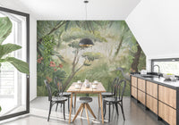 Kitchen dining area featuring a Watercolor Green Forest Wall Mural.