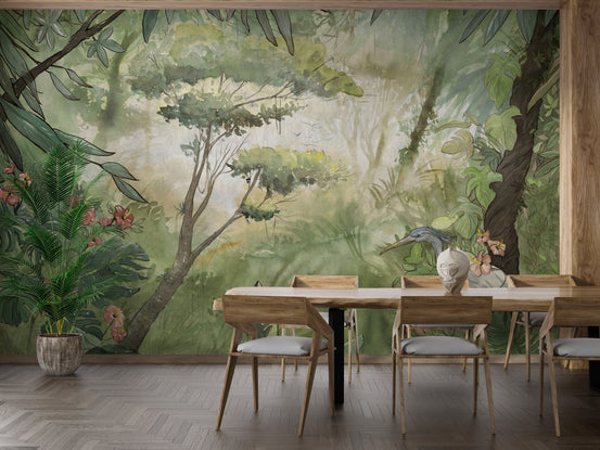 Watercolor Forest Scene Wall mural in modern dining room.