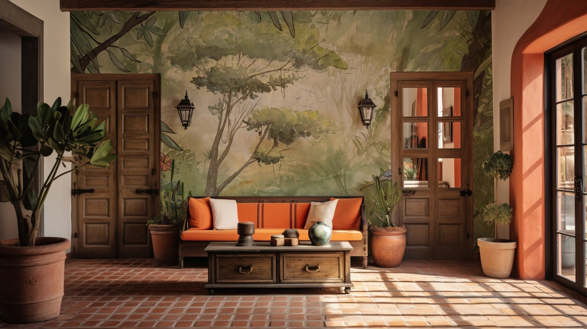 Foggy Woodland Wall Art mural in terracotta patio room.