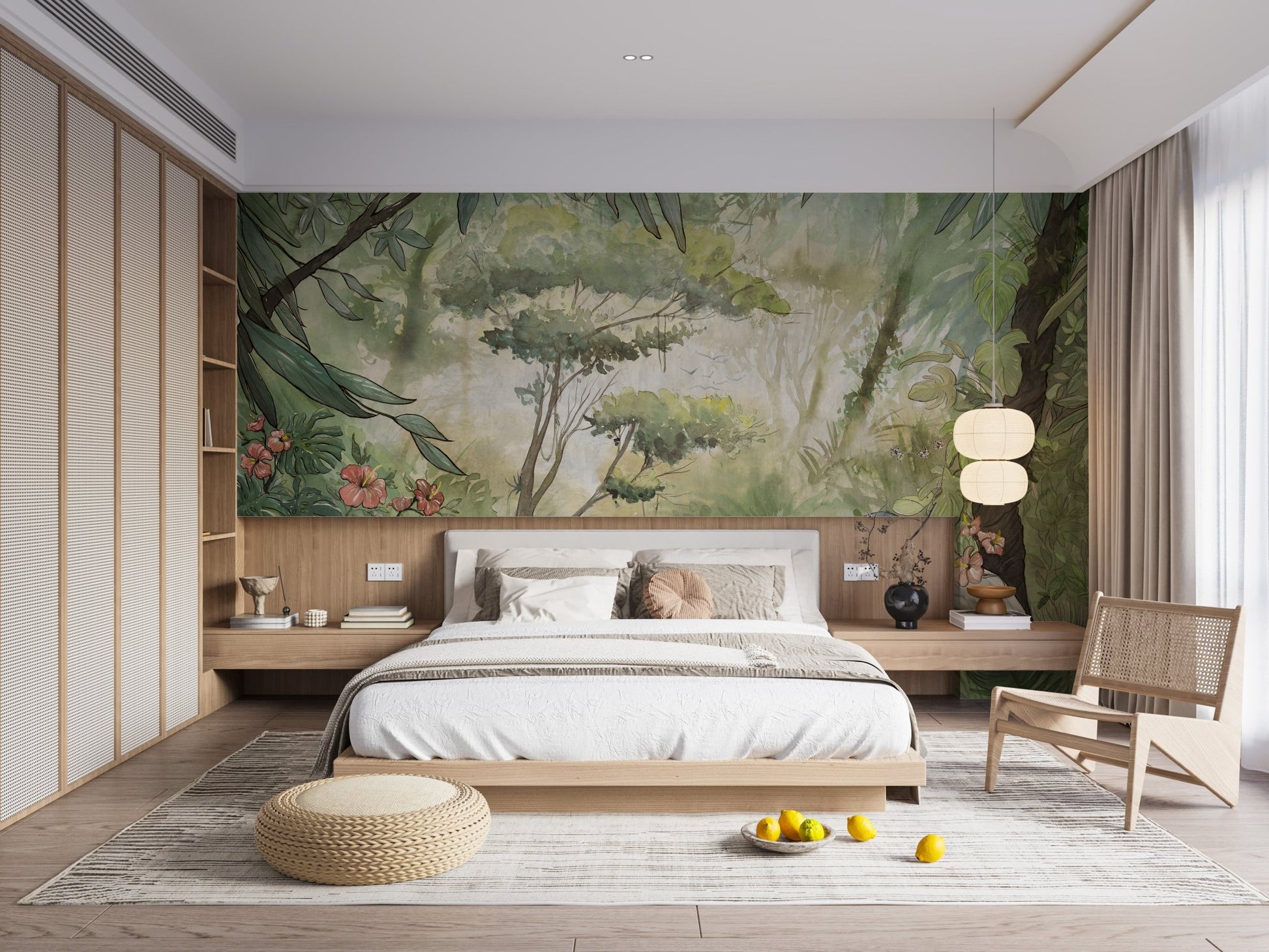 Modern bedroom with light wood panels and a misty forest wall mural.