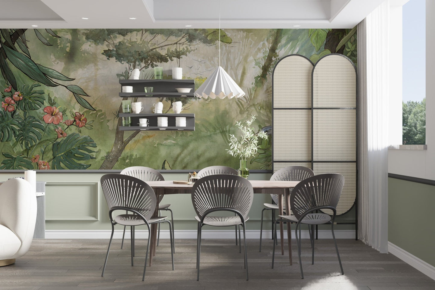 Green Foggy Forest Mural in a dining room with grey chairs.