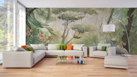 Watercolor Forest Wall mural Design in a bright living room.