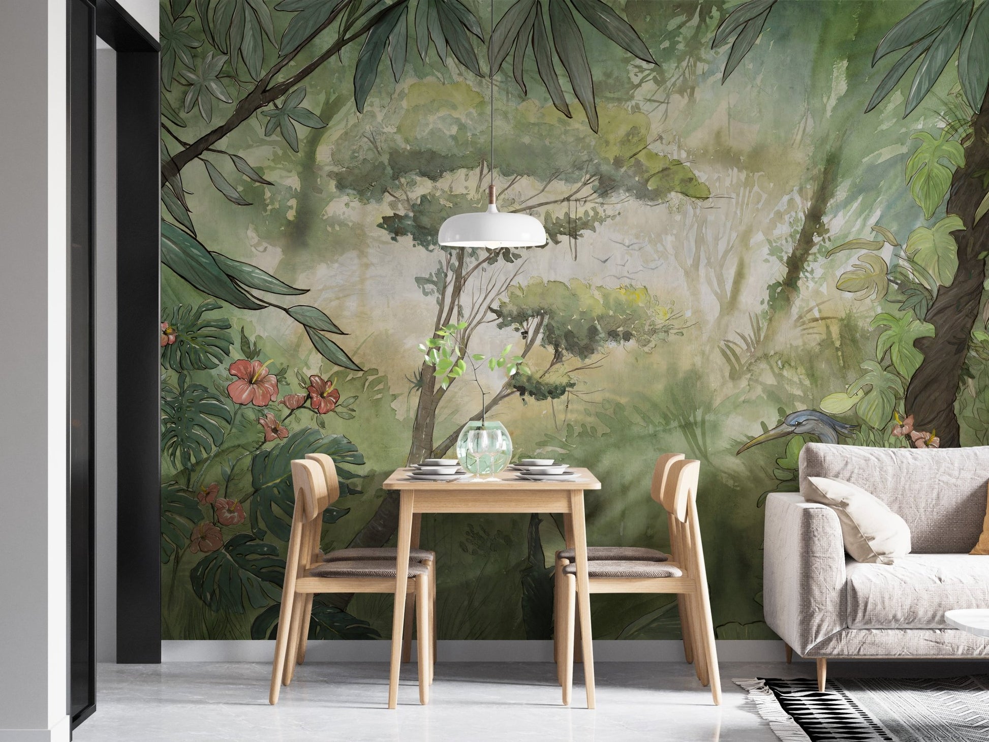 Green Forest Landscape Wall Art Mural in Small dining area.