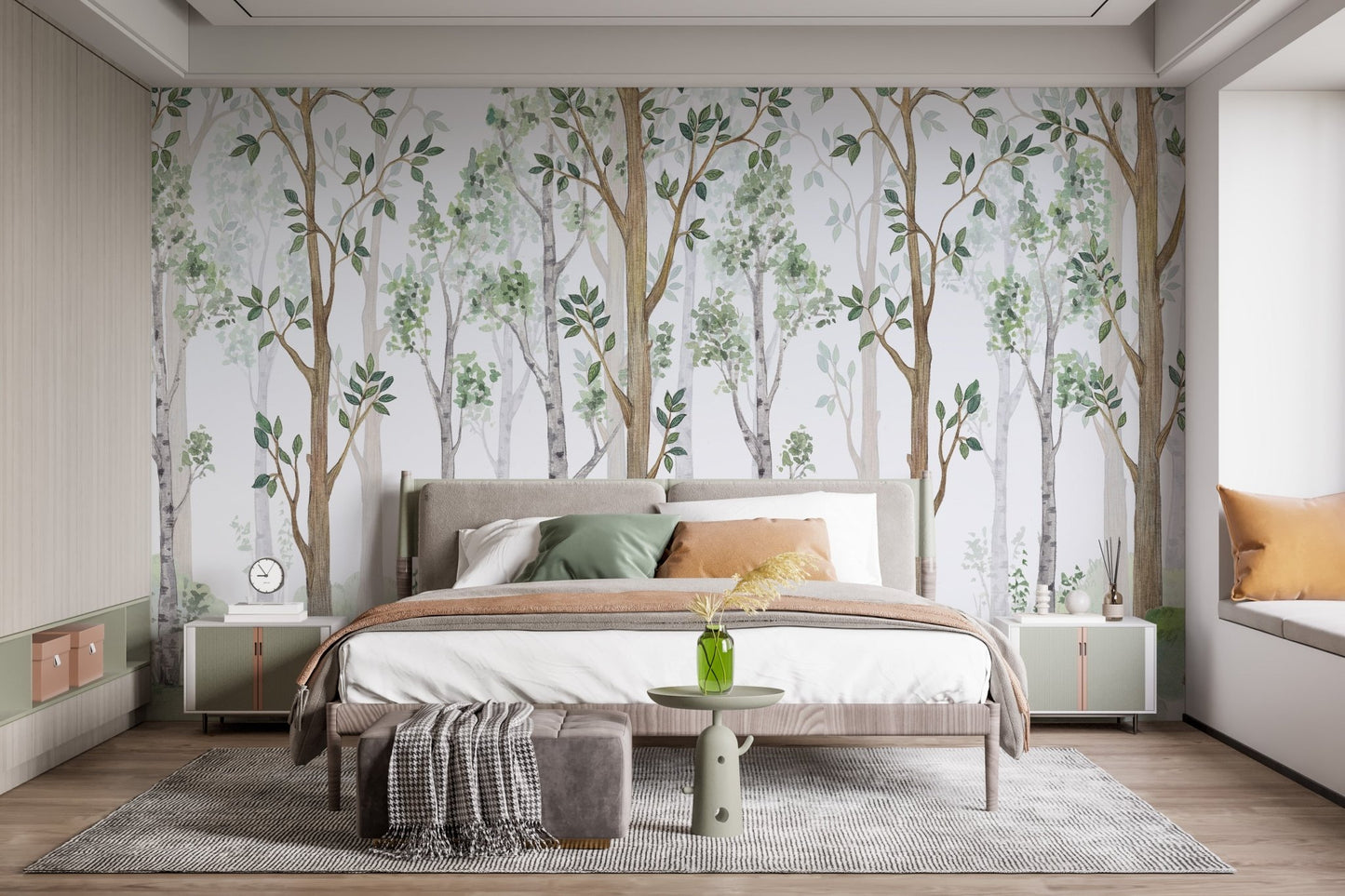 Minimalist bedroom decor with a watercolor tree wall mural.