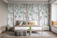 Minimalist bedroom decor with a watercolor tree wall mural.