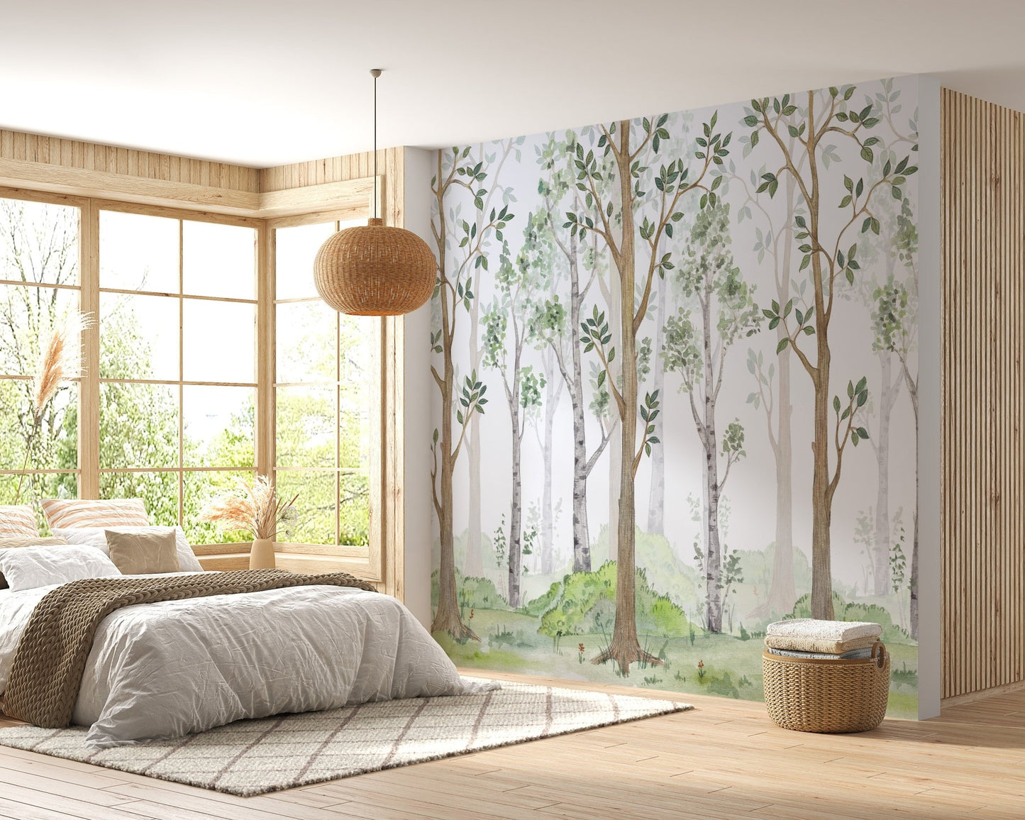 Sunlit bedroom featuring a light wood floor and a green forest wall mural.