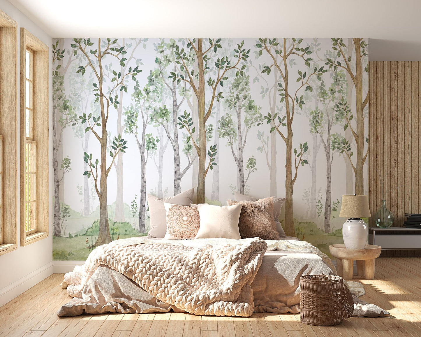 Beige bedding set against a Watercolor Green Forest Wall Mural in a bedroom.