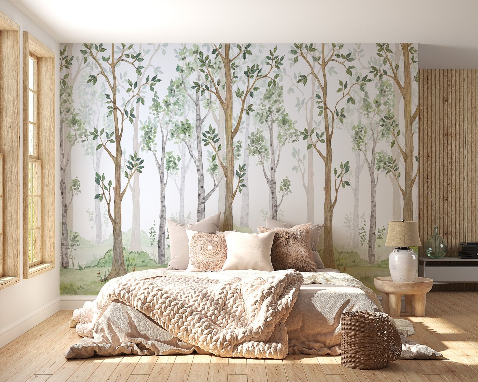 Beige bedding set against a Watercolor Green Forest Wall Mural in a bedroom.