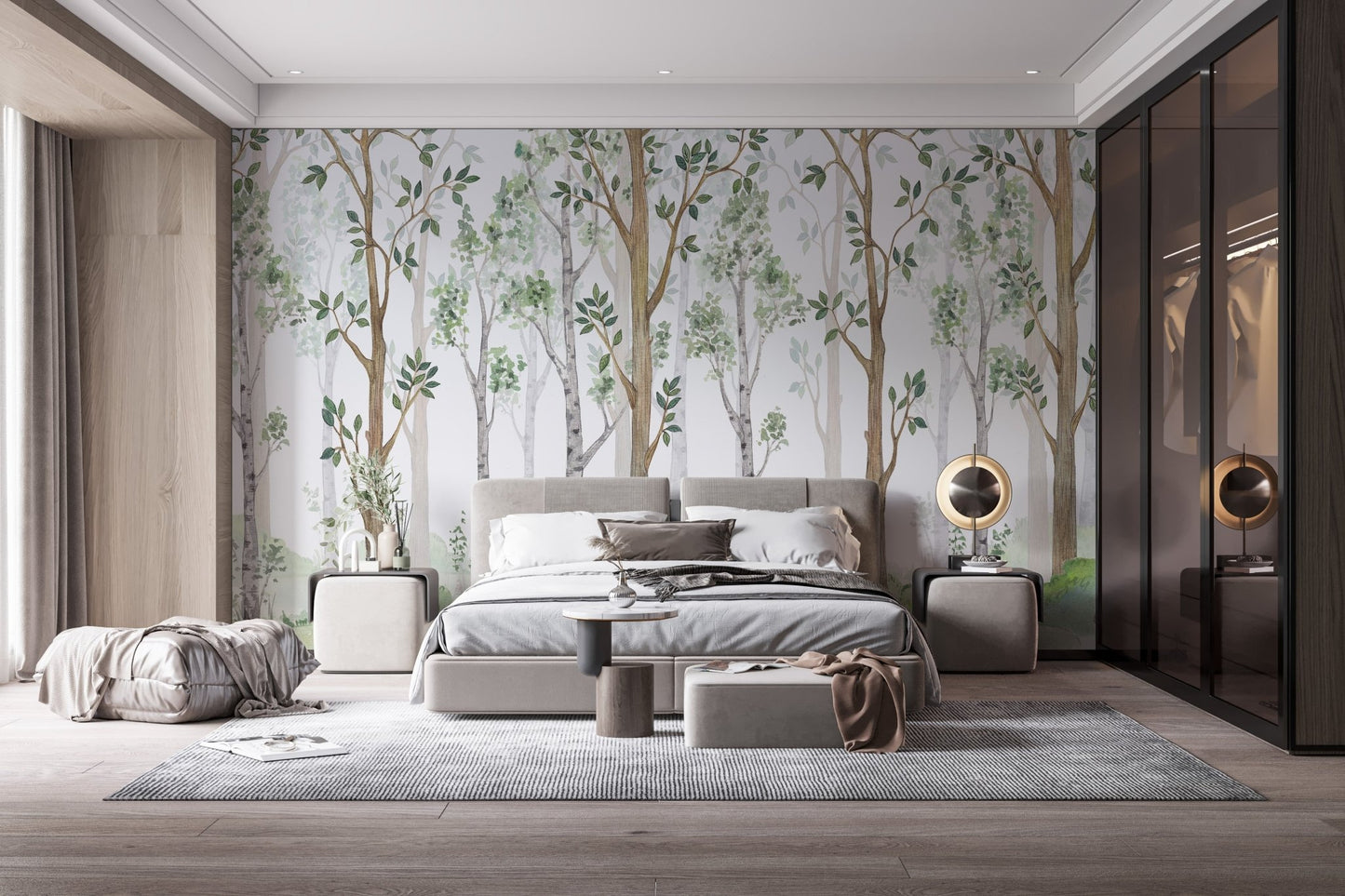 Modern suite with a Watercolor Green Forest Wall Mural.