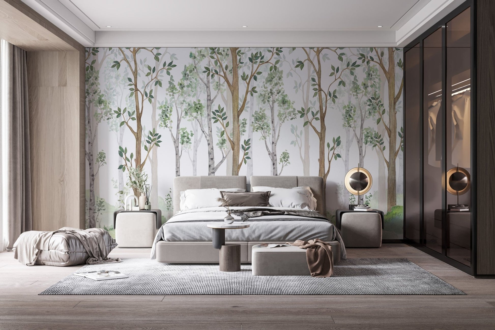 Modern suite with a Watercolor Green Forest Wall Mural.