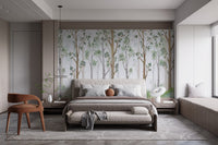 Grey themed bedroom featuring a green forest pattern wall mural.