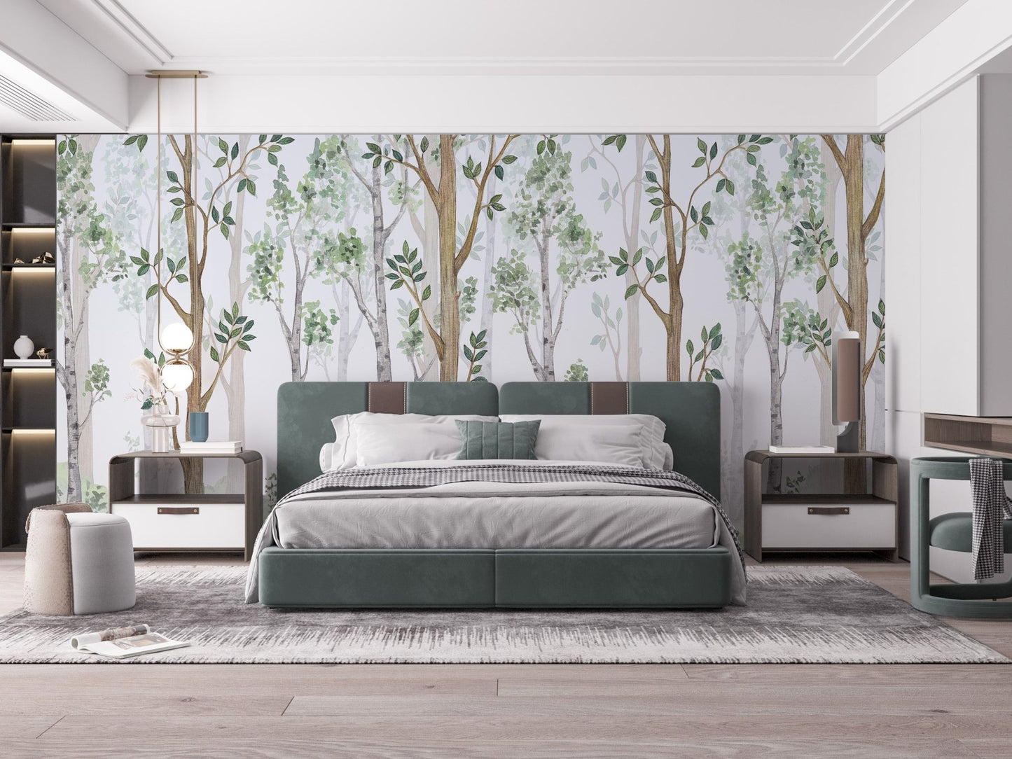 Large green upholstered bed positioned in front of a forest landscape wall mural.
