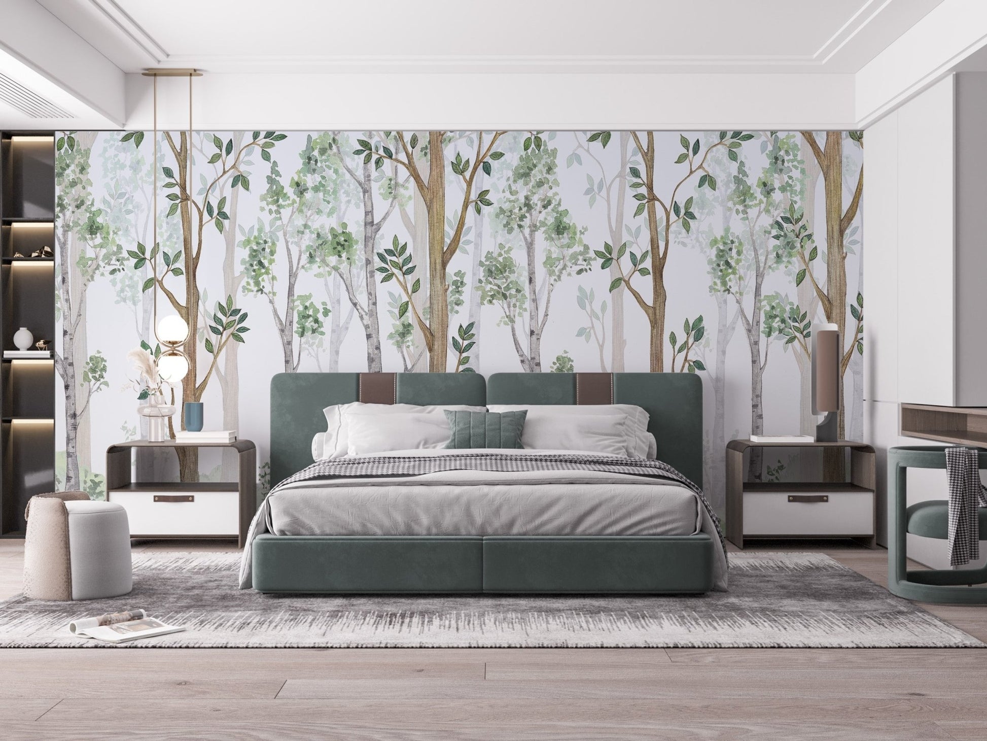 Large green upholstered bed positioned in front of a forest landscape wall mural.