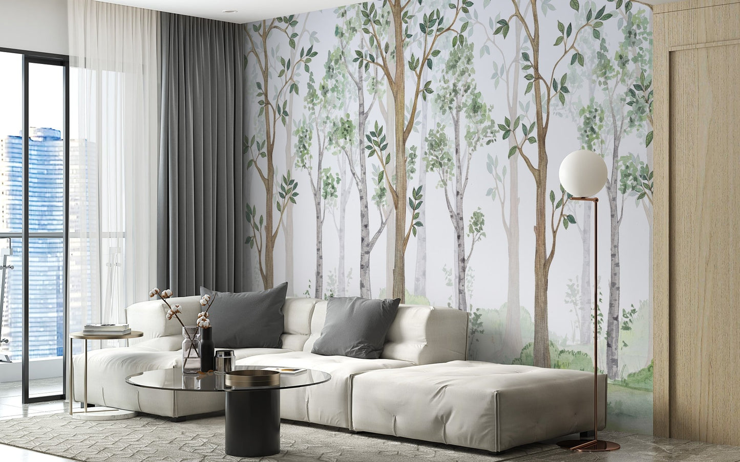 Modern living room with a white sofa and a watercolor tree wall mural.