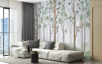 Modern living room with a white sofa and a watercolor tree wall mural.