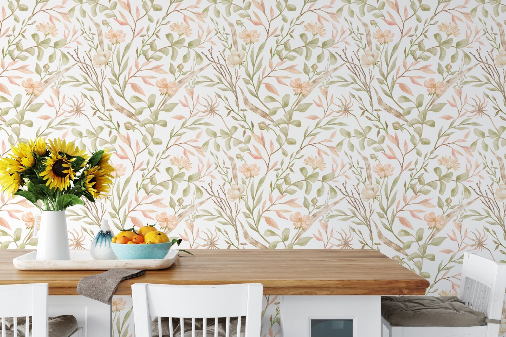Meadow flower wallpaper in a dining area with sunflowers and white chairs.