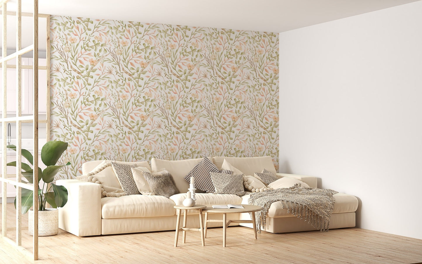 Green leaf meadow flower wallpaper in a modern living room with a white sofa.