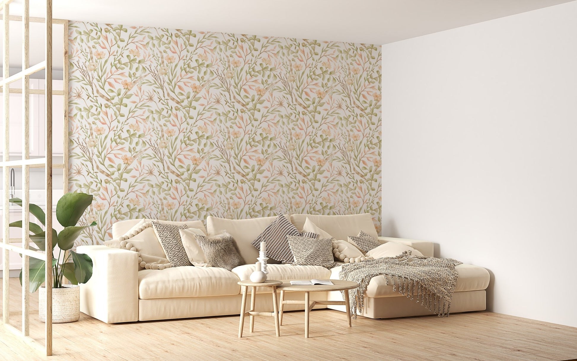 Green leaf meadow flower wallpaper in a modern living room with a white sofa.