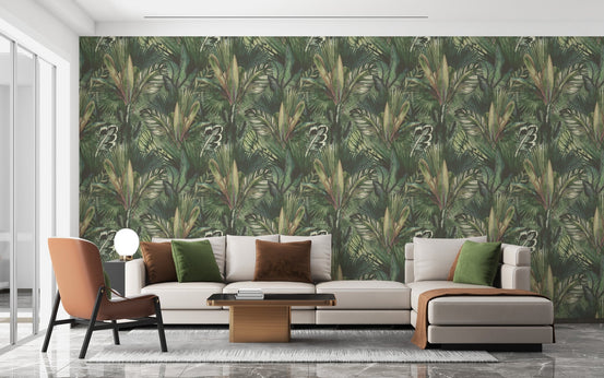 Home office backdrop with tropical forest inspired watercolor wallpaper