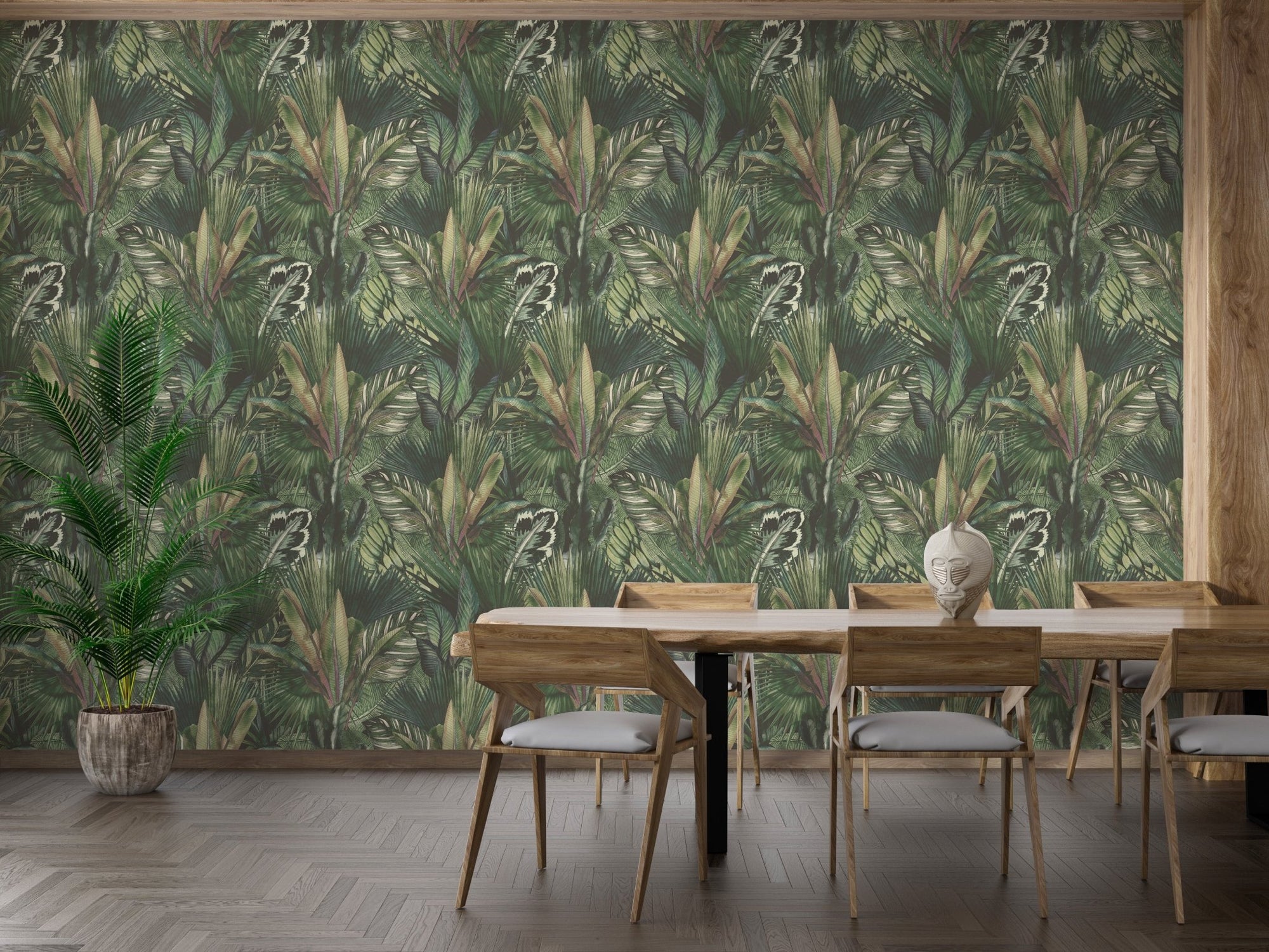 Dining room with Watercolor Greenery Infusion wallpaper accent wall
