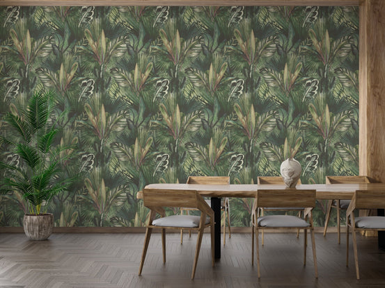 Dining room with Watercolor Greenery Infusion wallpaper accent wall