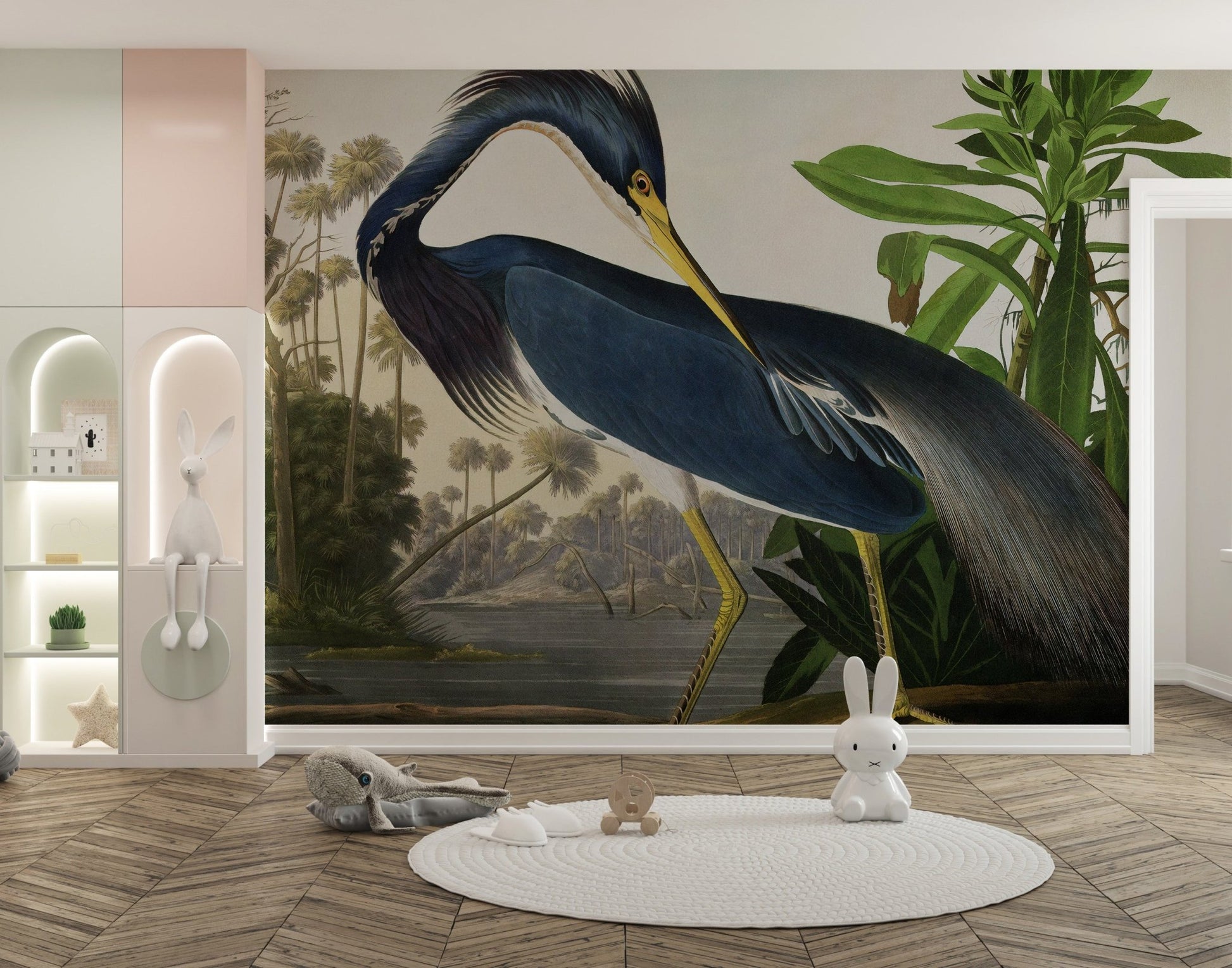 Watercolor Heron Majesty wall mural in a playroom with a white circular rug and toys.