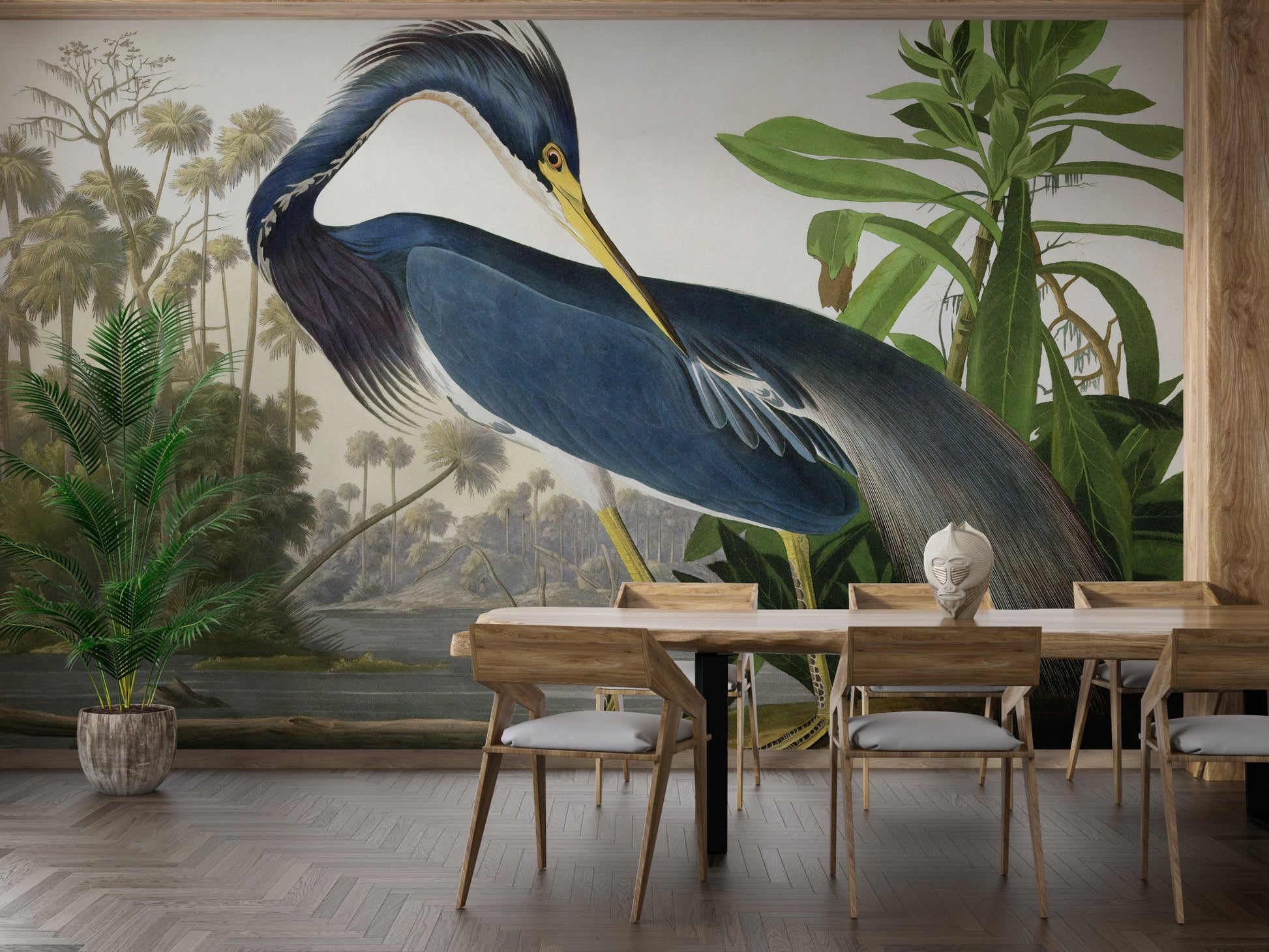 Watercolor Heron Majesty wall mural in a dining space with a dark wood table and chairs.