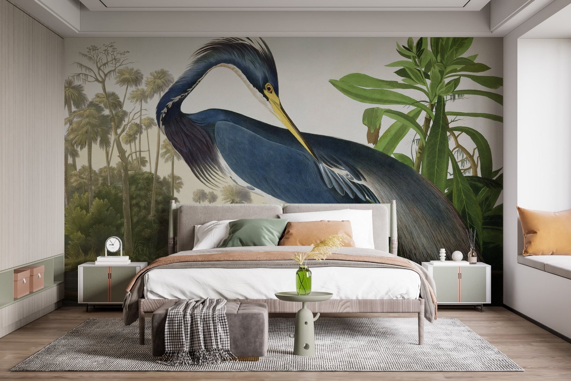 Blue and grey heron wall mural in a bedroom behind a large bed with neutral linens.