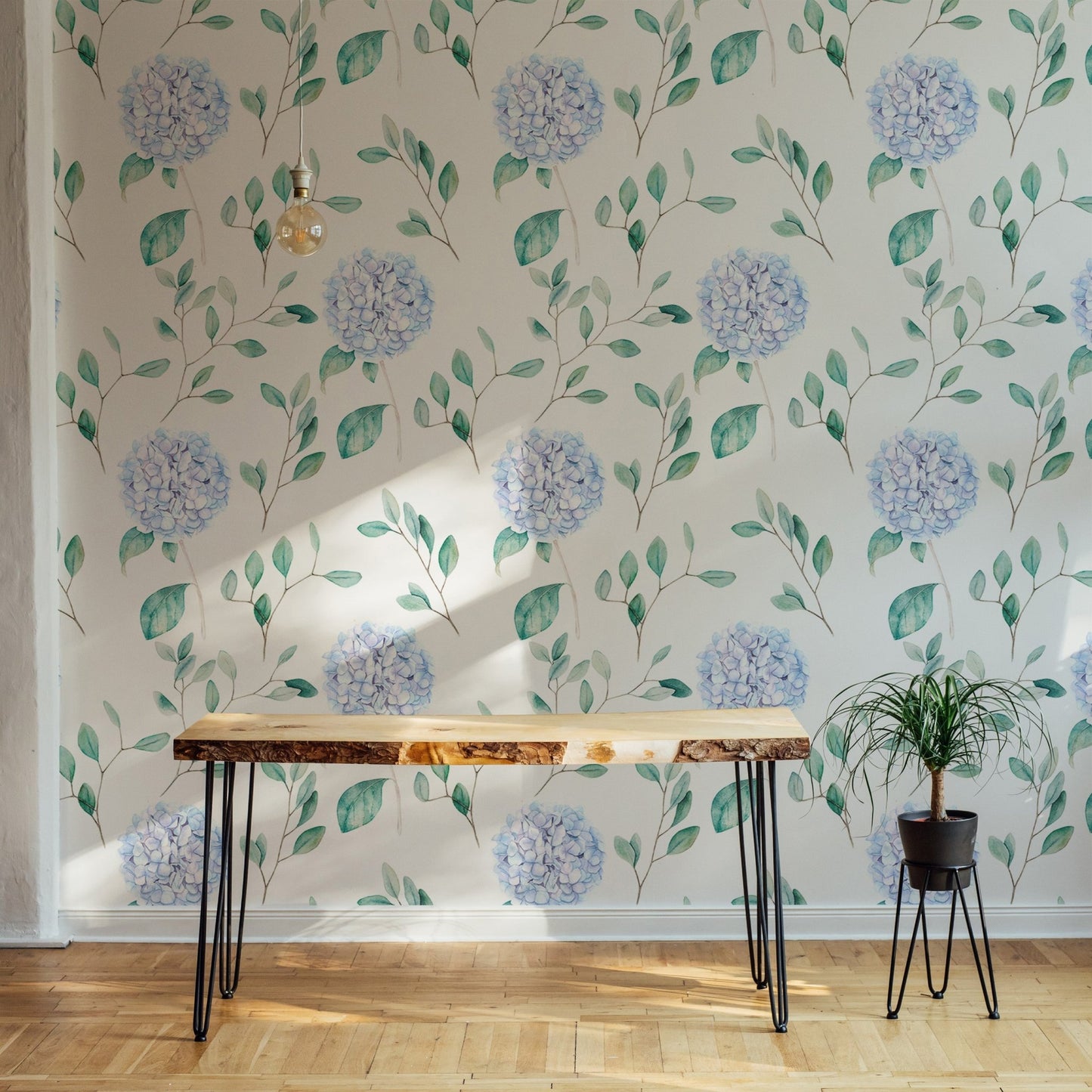 Watercolor Hortensia Flowers and Branches Wallpaper