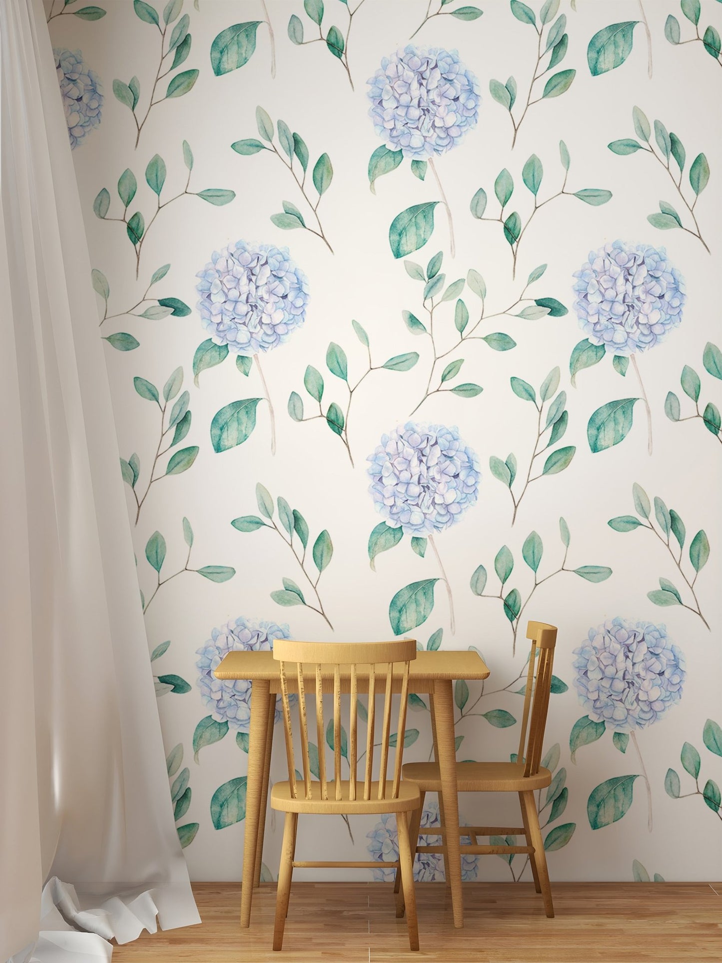 Watercolor Hortensia Flowers and Branches Wallpaper