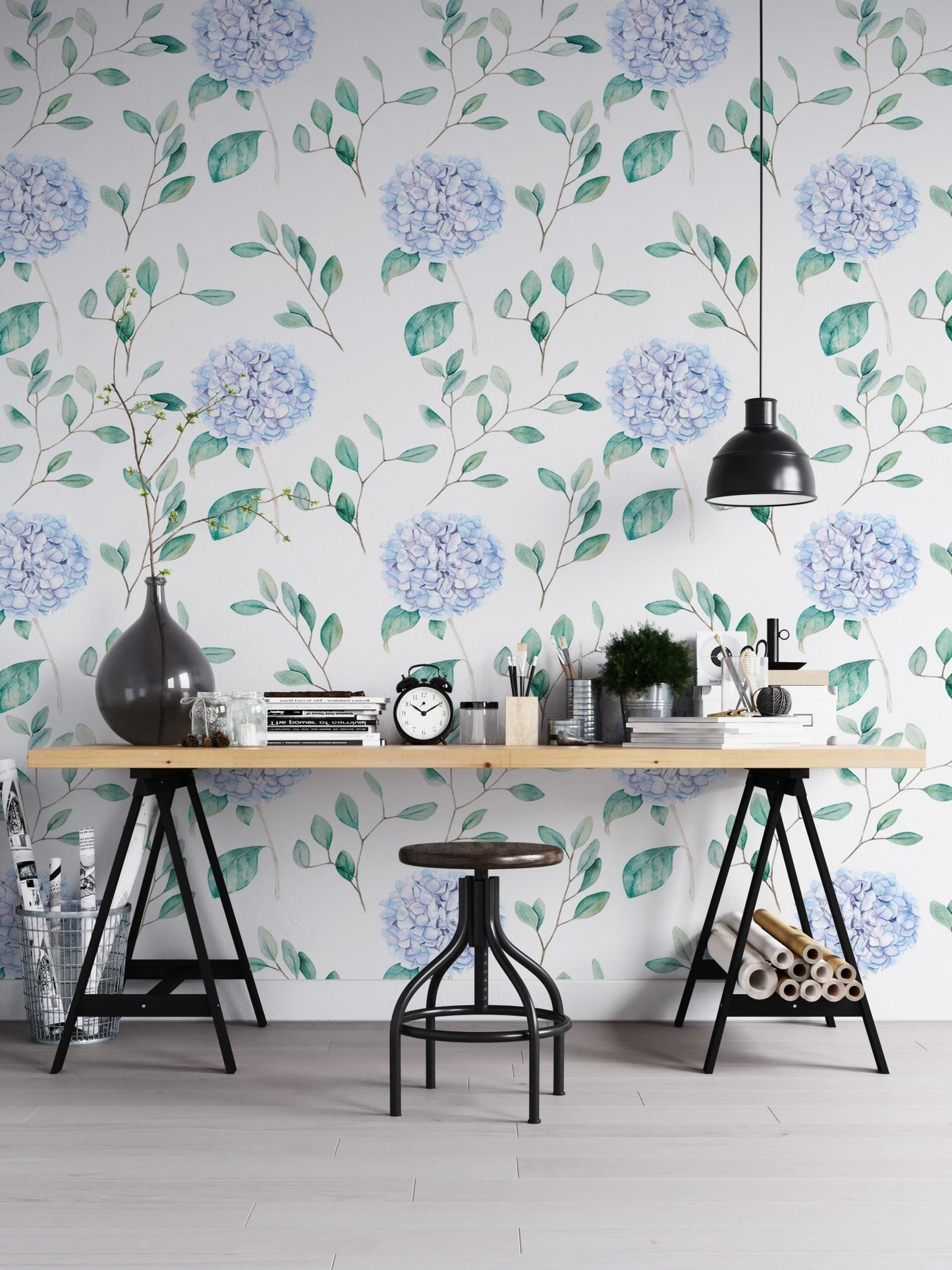 Watercolor Hortensia Flowers and Branches Wallpaper