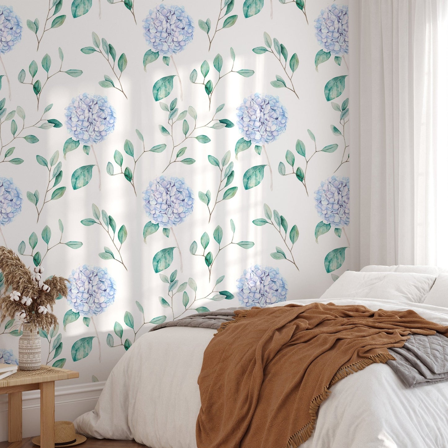 Watercolor Hortensia Flowers and Branches Wallpaper