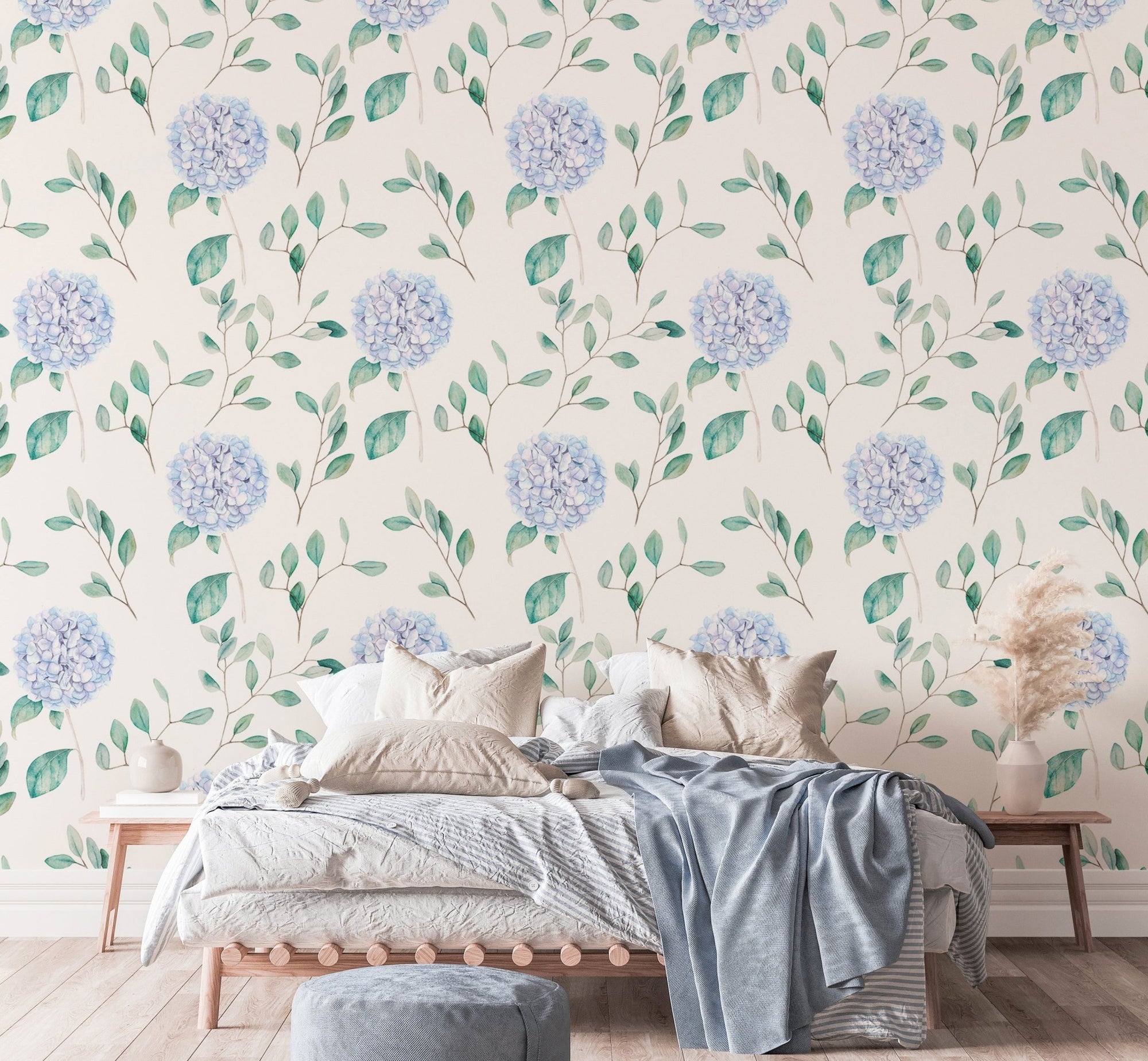 Bedroom with Watercolor Hortensia Flowers and Branches Wallpaper and wooden bed frame.