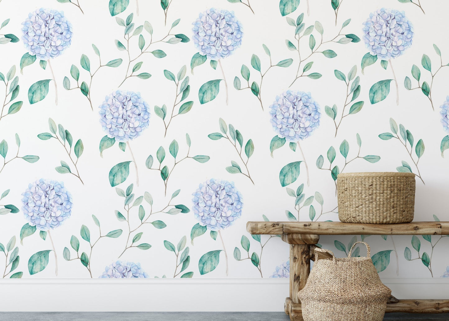 Watercolor Hortensia Flowers and Branches Wallpaper