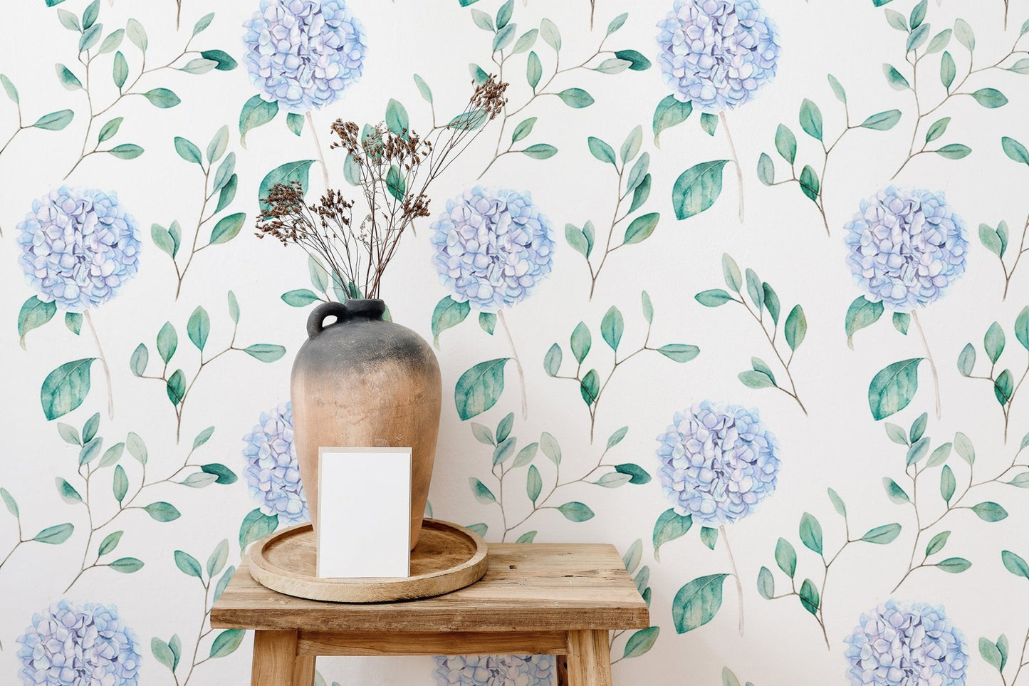 Watercolor Hortensia Flowers and Branches Wallpaper