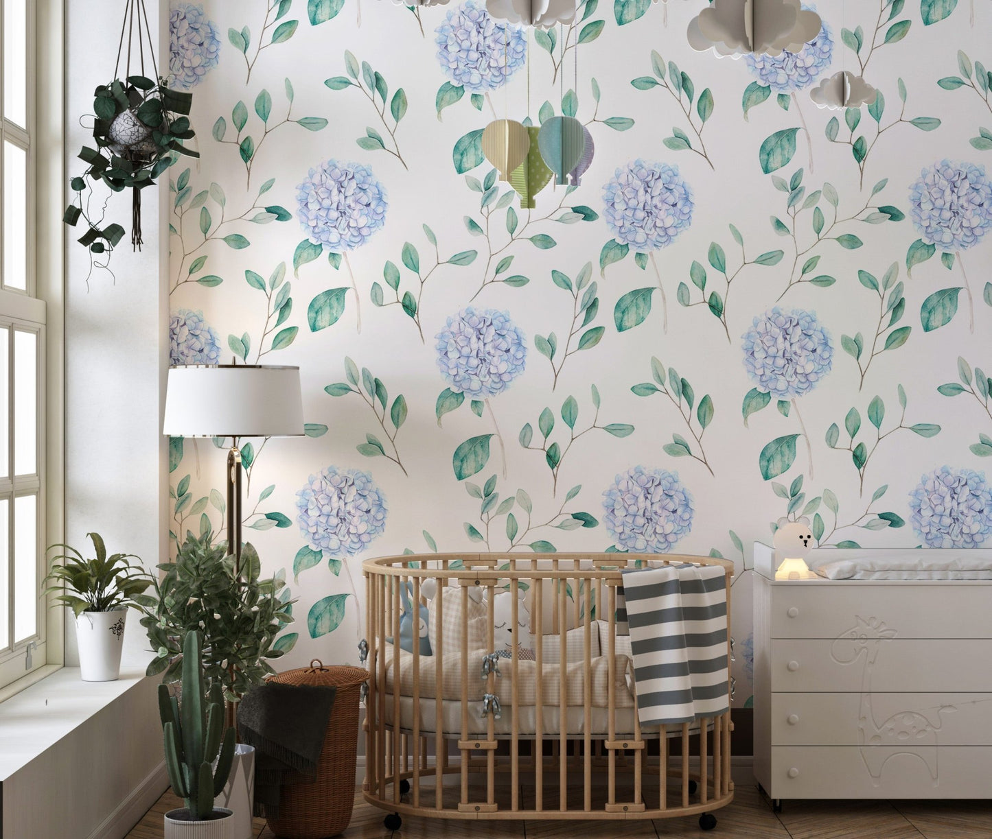 Watercolor Hortensia Flowers and Branches Wallpaper