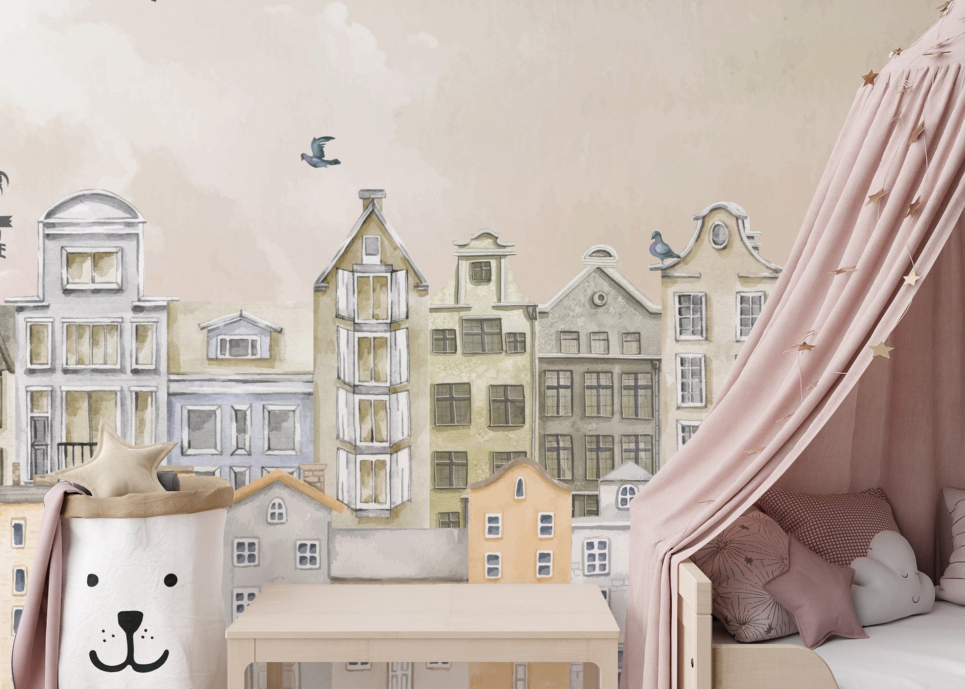 Watercolor Houses Wallpaper Mural - Wallanza