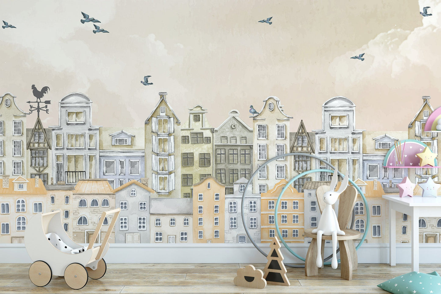 Watercolor Houses Wallpaper Mural - Wallanza