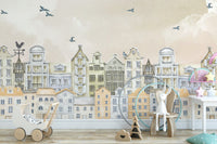 Watercolor Houses Wallpaper Mural - Wallanza
