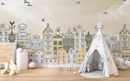 Watercolor houses wallpaper mural with pastel town skyline design.