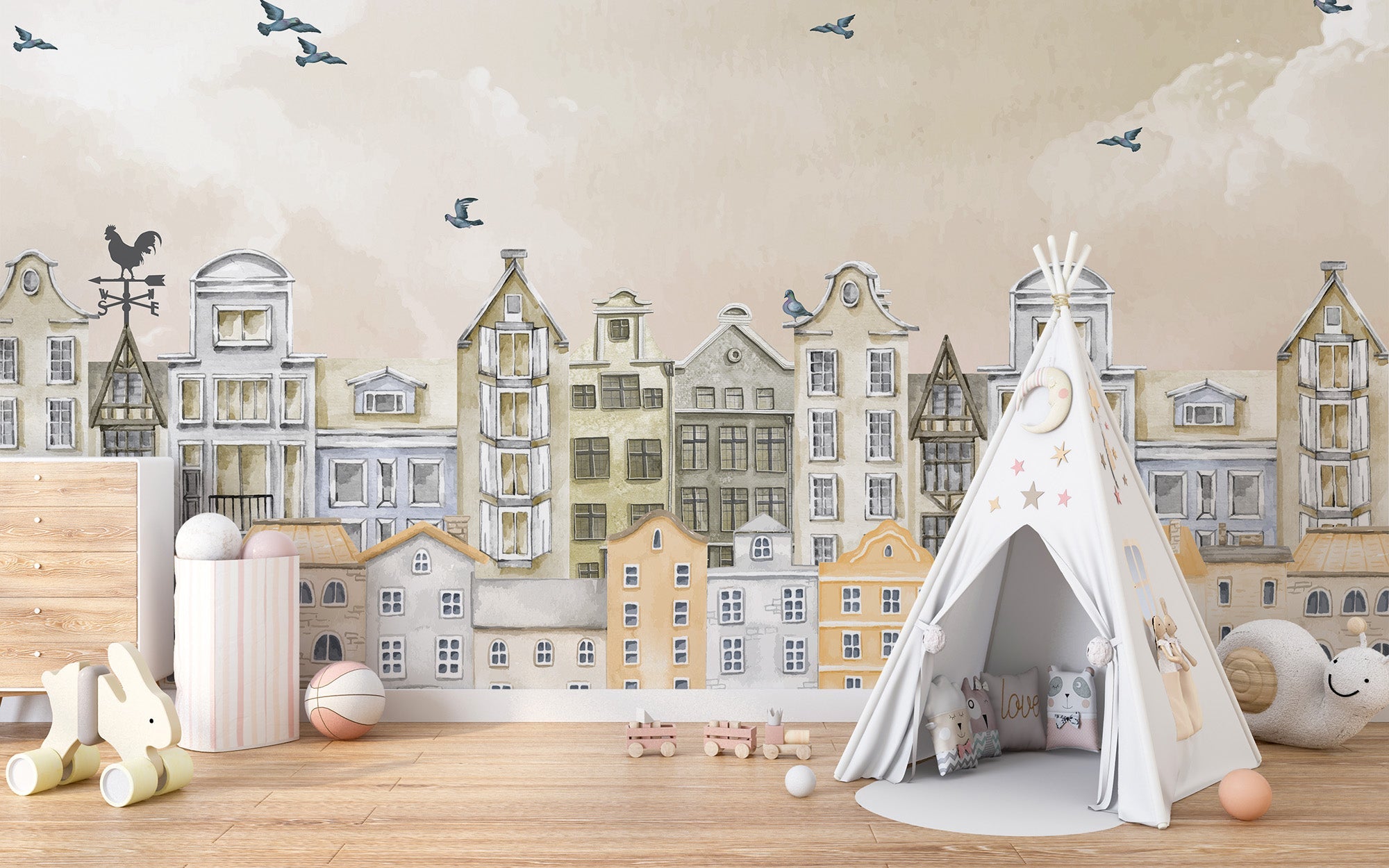 Watercolor houses wallpaper mural with pastel town skyline design.