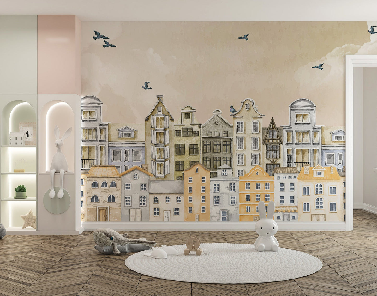 Watercolor Houses Wallpaper Mural - Wallanza