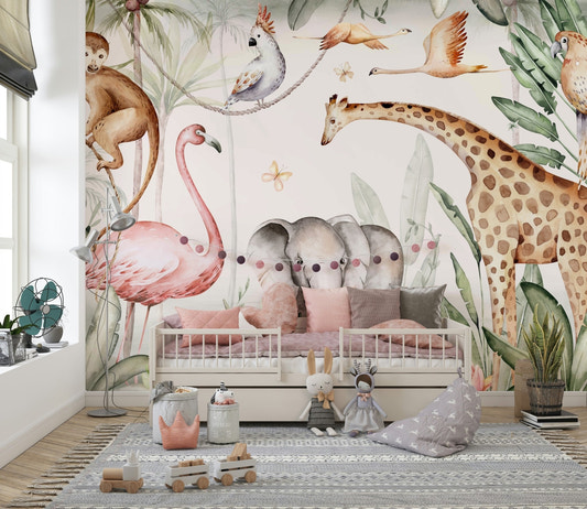 Watercolor Jungle Dream Wall Mural with soft green palm leaves