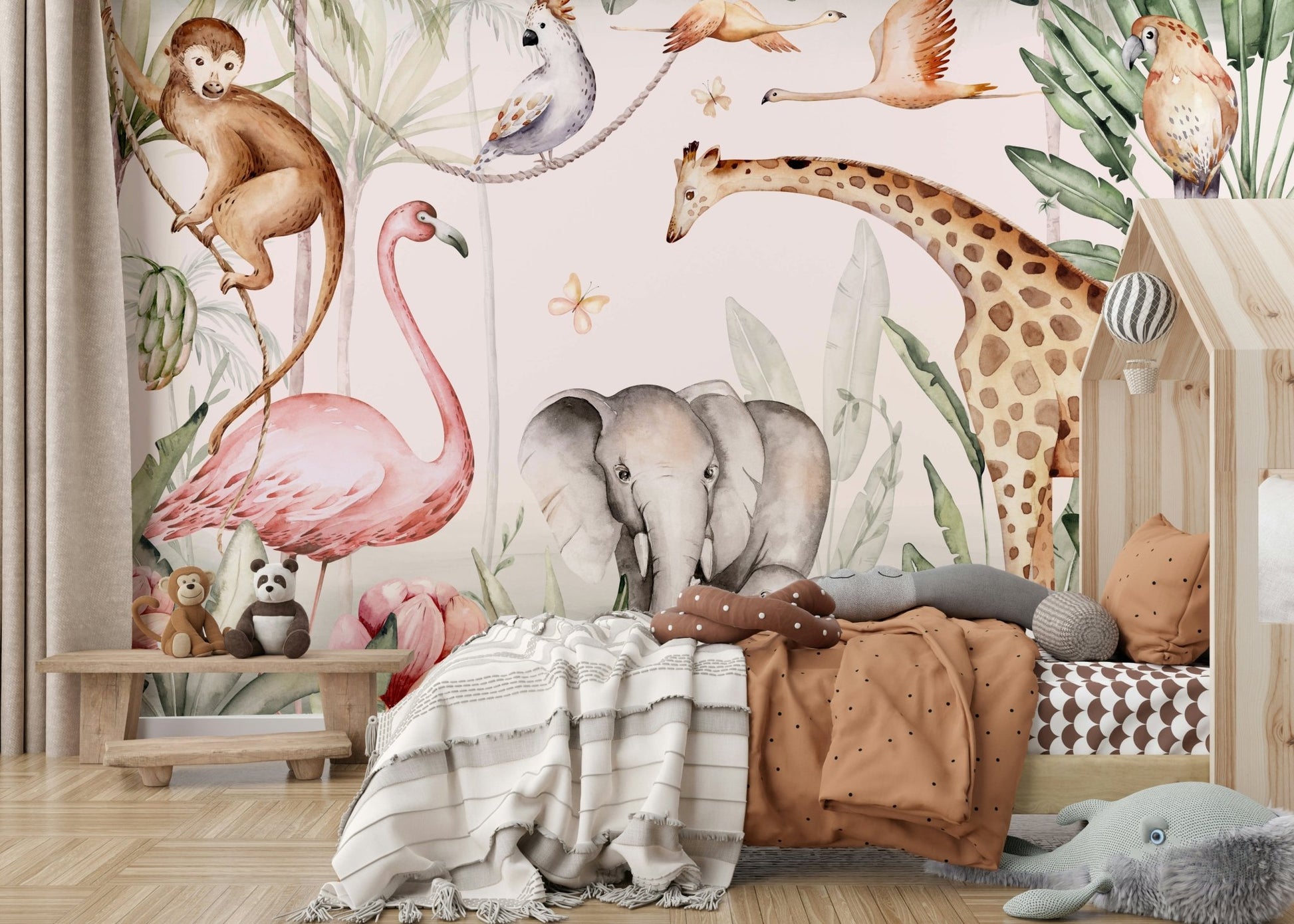 Colorful aquatic apartment wall decor with blue and turquoise hues.