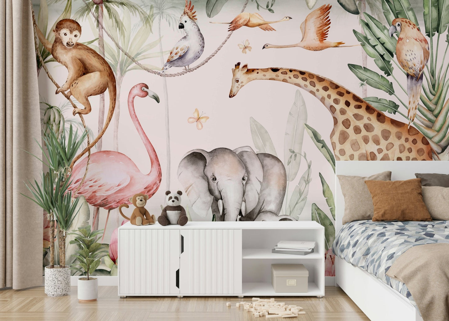 Peaceful marine life wallpaper for a serene bedroom feature wall.