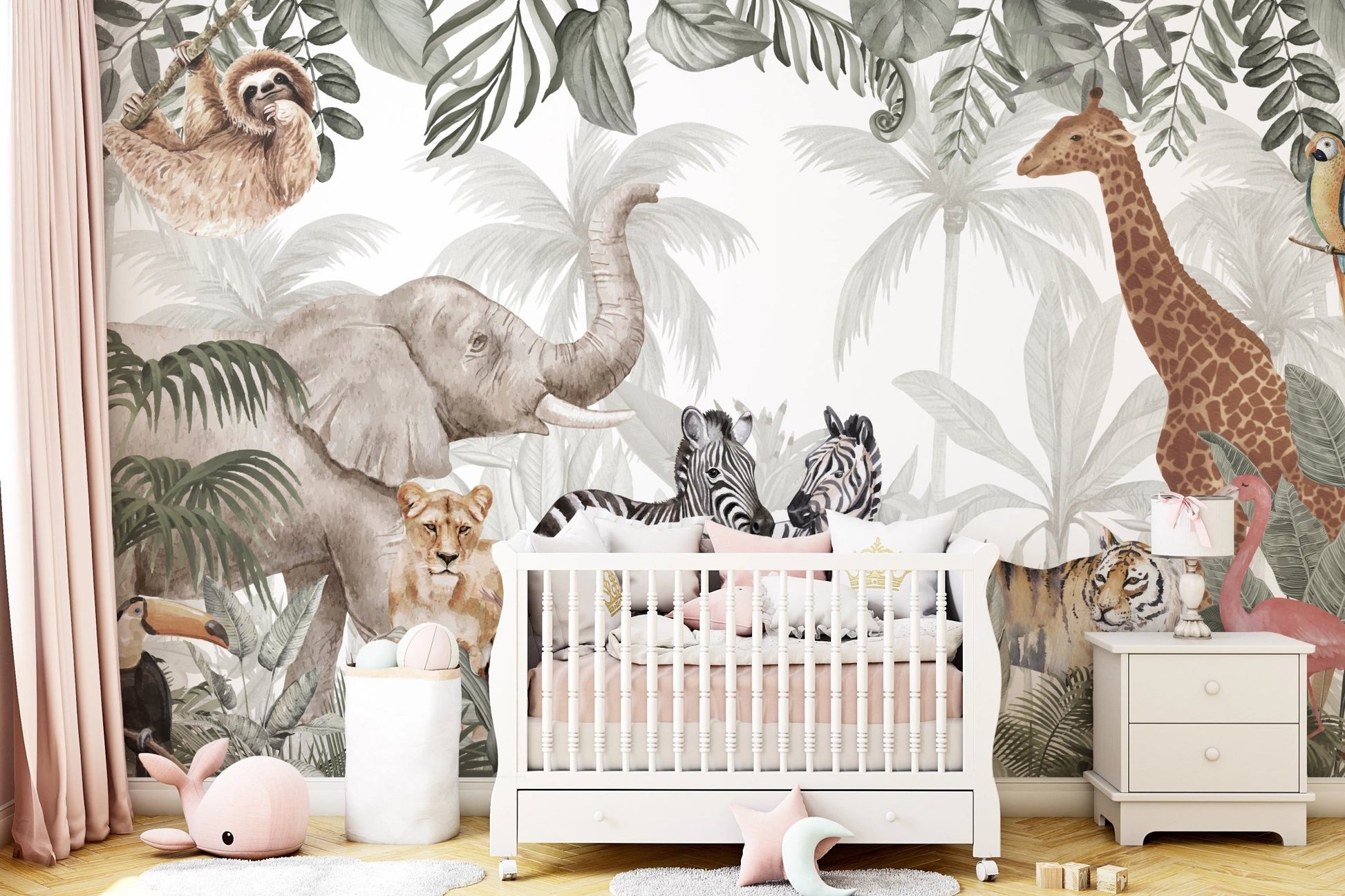 Sketch-style zebras and tigers in the wild wall murals.