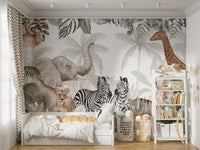Artistic watercolor elephant and giraffe wallpaper murals.