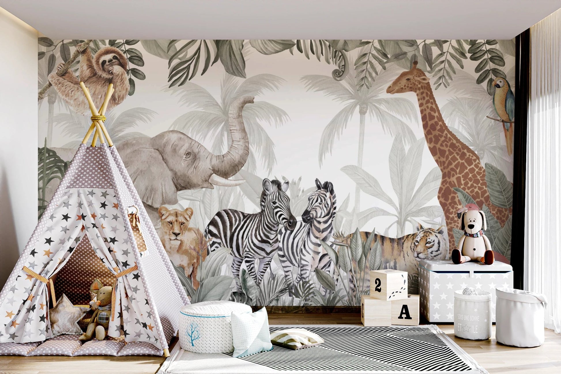 Detailed nature-inspired jungle landscape wallpaper murals.